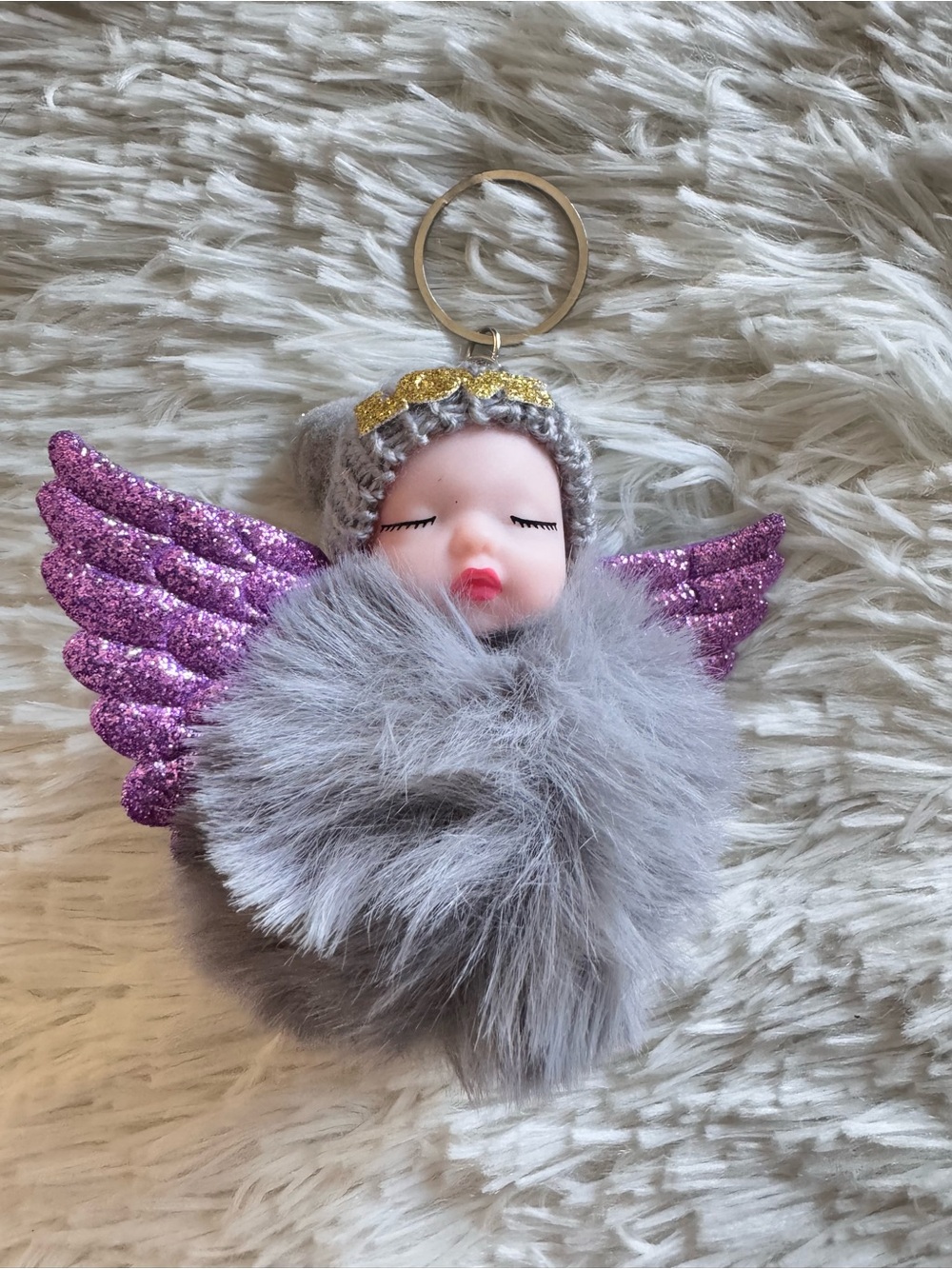 Plush baby Angel Keychain bag charm - Gray Fur Pompom with Pink Glitter Wings